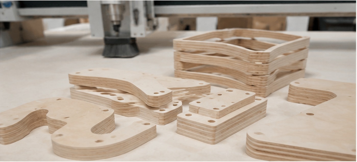 Illustrative example: Custom machined plywood components with slots, cut-outs and shaped geometry